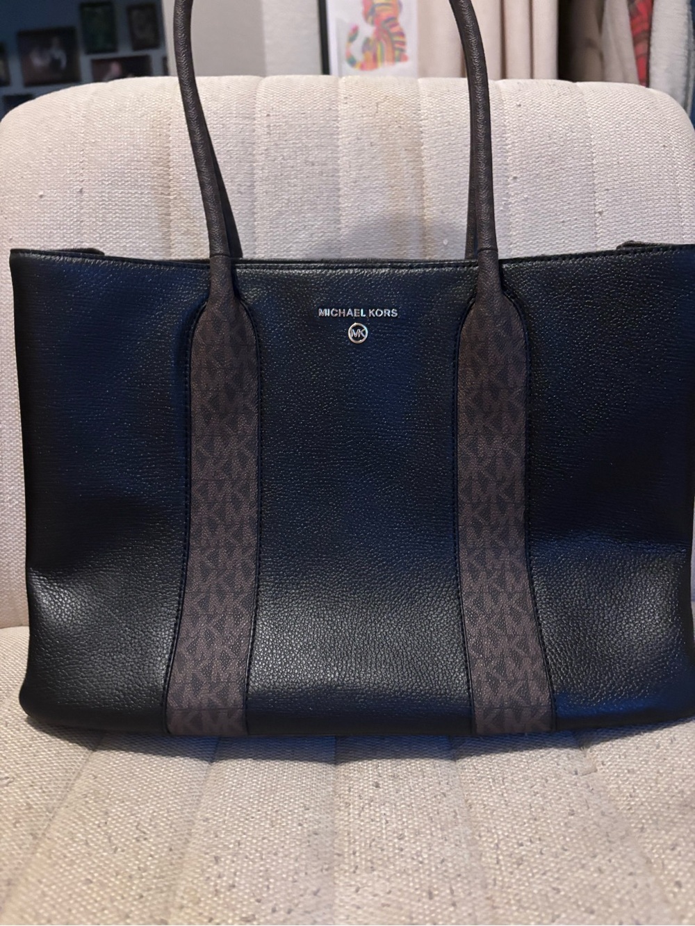 Michael Kors Black Leather Tote with Brown Logo Straps